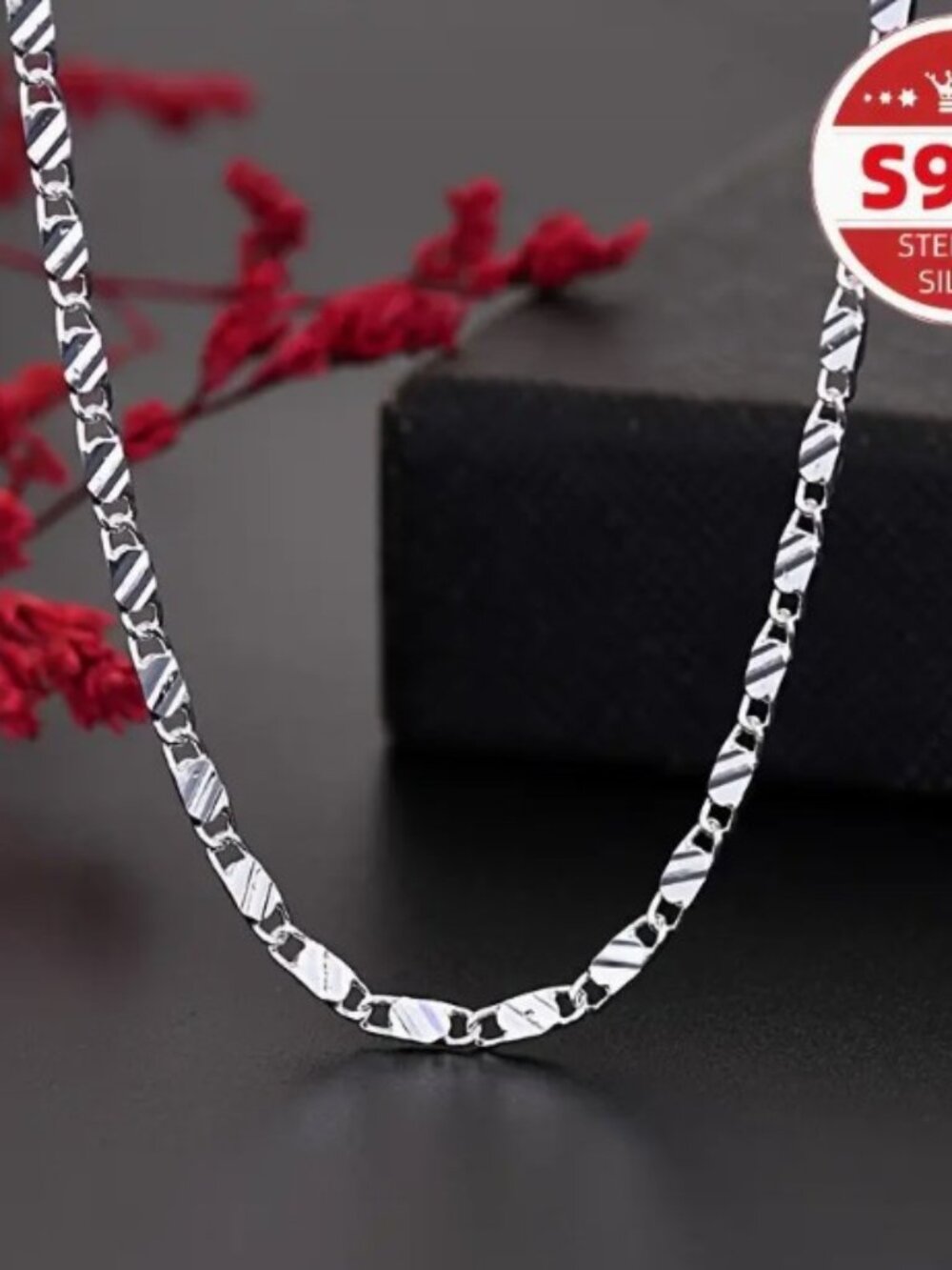 S925 Sterling Silver Elegant Flat Chain Necklace 20 Inches Lobster Claw Clasp